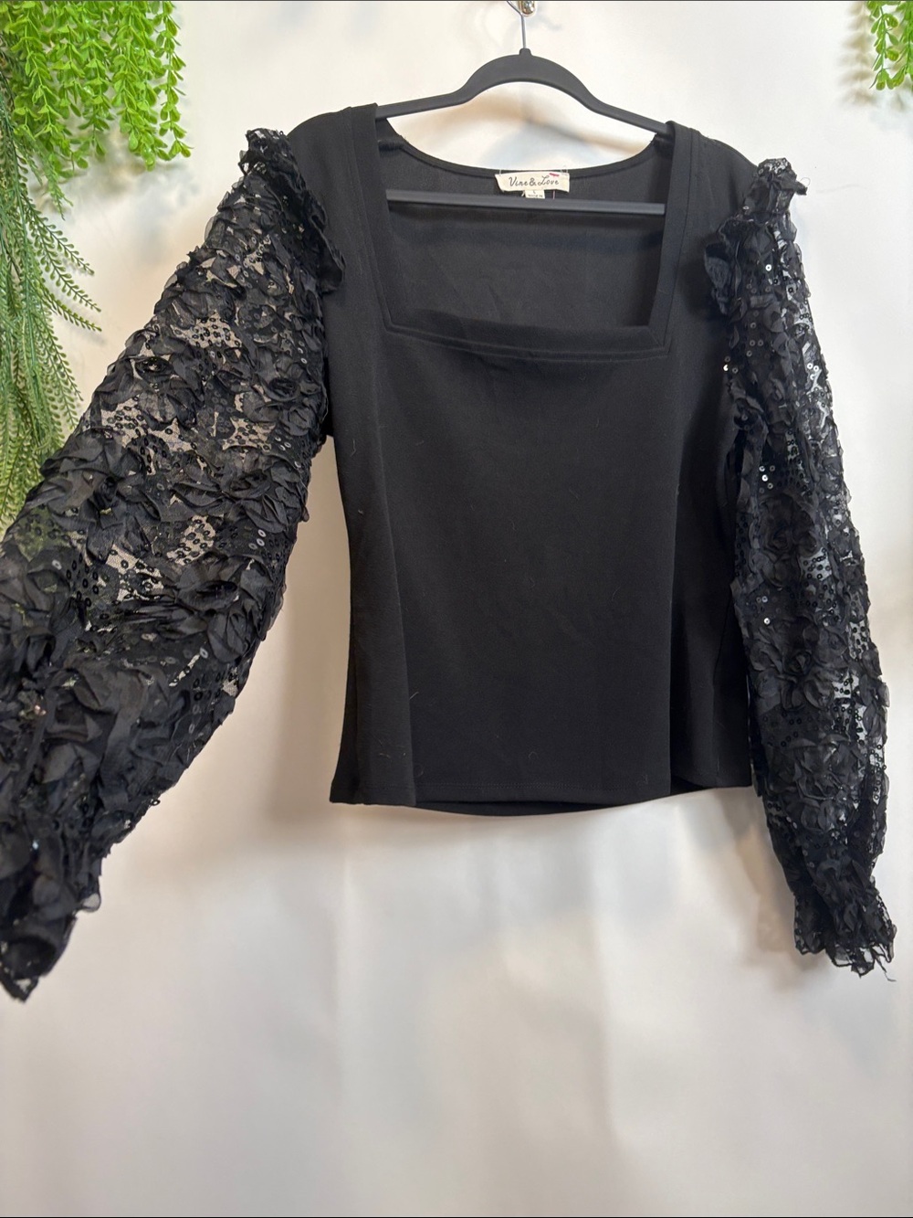 Vine & Love Black Square Neck Long Sleeve Top with Lace Sequin Sleeves